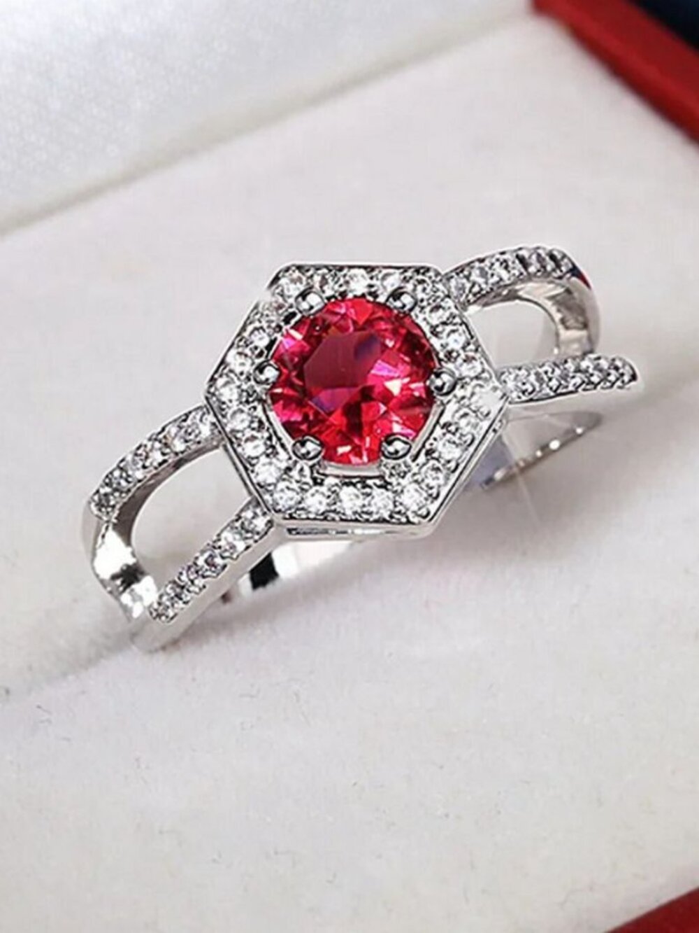 Kiara Grace Womens Rosy Red Hexagon Framed Crystal Silver Ring Size 6 Gift Boxed